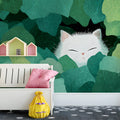 Sleepy White Cat in Tropical Leaves Mural Wallpaper - pure wallpaper artwork