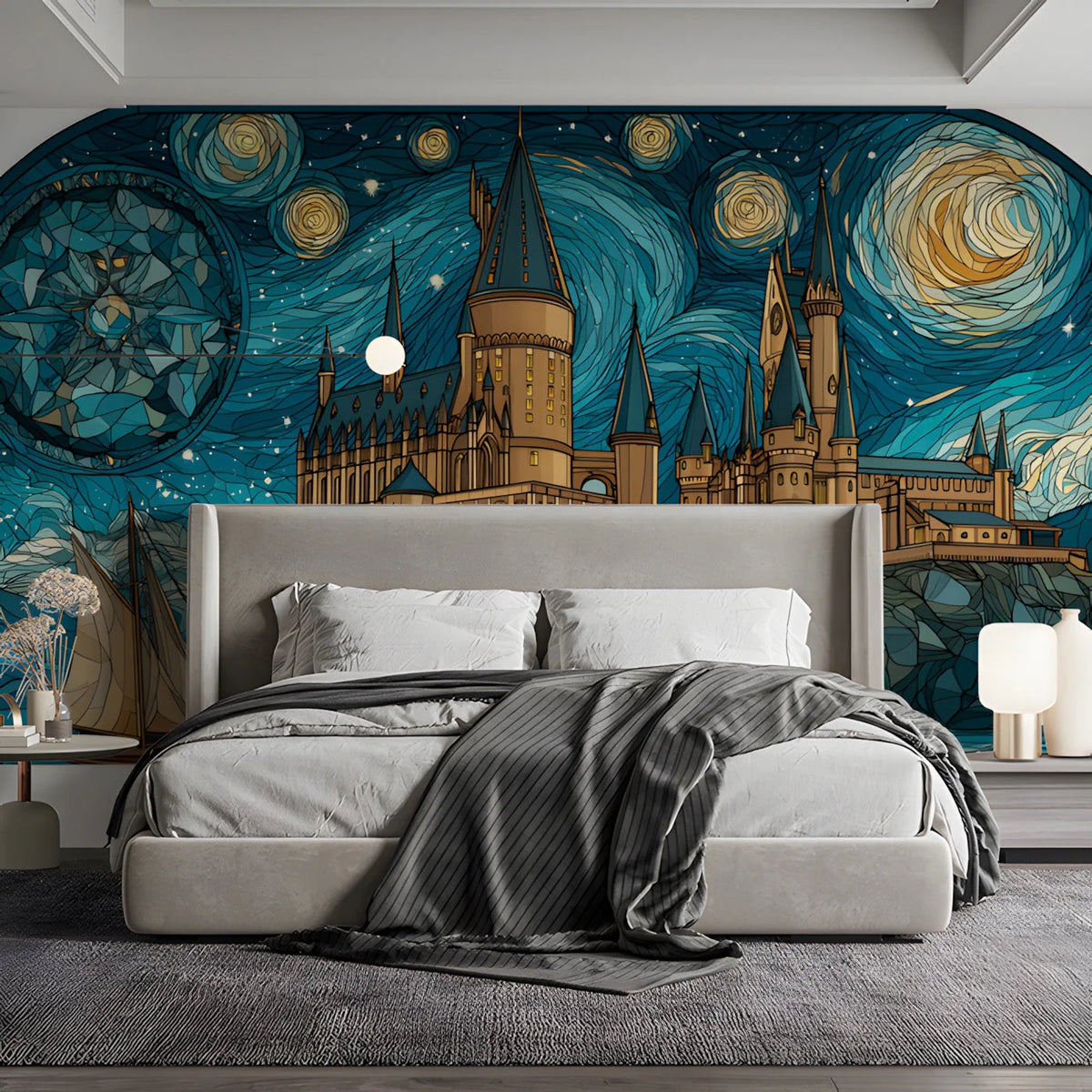 Stained Glass Fantasy Castle Mural Wallpaper — Moody Night Scene Mural Wallpaper - pure wallpaper artwork