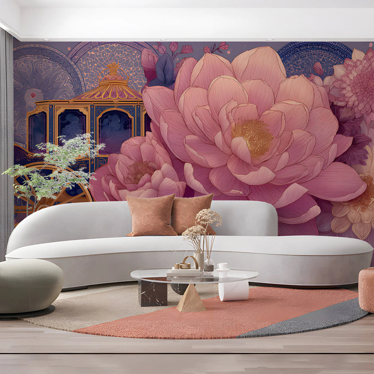 Royal Carriage Floral Mural Wallpaper in Dusty Rose and Navy Mural Wallpaper - pure wallpaper artwork