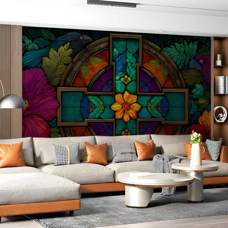Stained Glass Cross Mural Wallpaper with Vibrant Floral Motif Mural Wallpaper