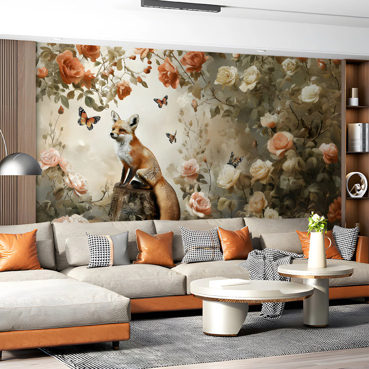 Fox and Rose Garden Mural Wallpaper — Whimsical Nature Scene Mural Wallpaper - pure wallpaper artwork