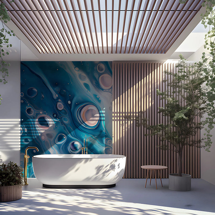 Oceanic Fluid Art Mural Wallpaper in Deep Teal and Soft Peach Mural Wallpaper