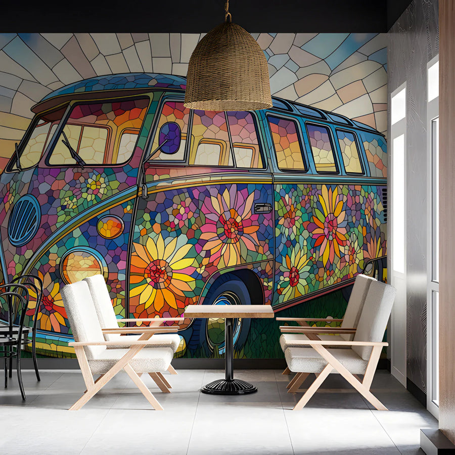 Stained Glass Camper Van Mural Wallpaper — Retro Floral Design Mural Wallpaper