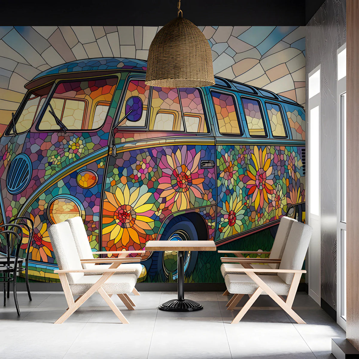 Stained Glass Camper Van Mural Wallpaper — Retro Floral Design Mural Wallpaper - pure wallpaper artwork