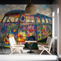 Stained Glass Camper Van Mural Wallpaper — Retro Floral Design Mural Wallpaper - pure wallpaper artwork