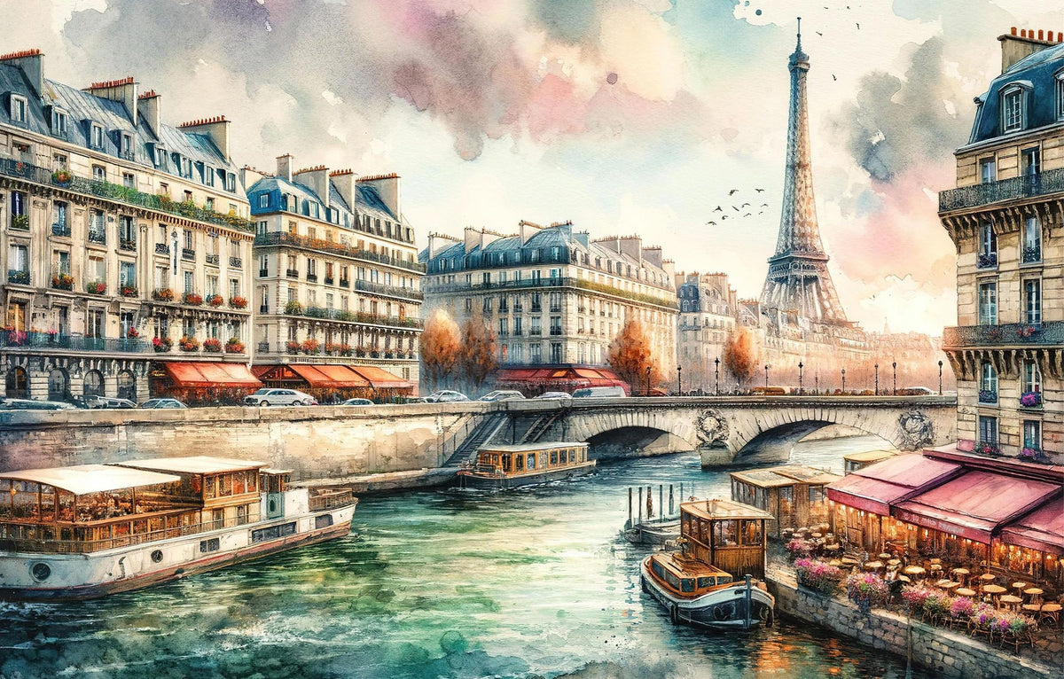 Parisian River Scene with Eiffel Tower Mural Wallpaper - pure wallpaper artwork