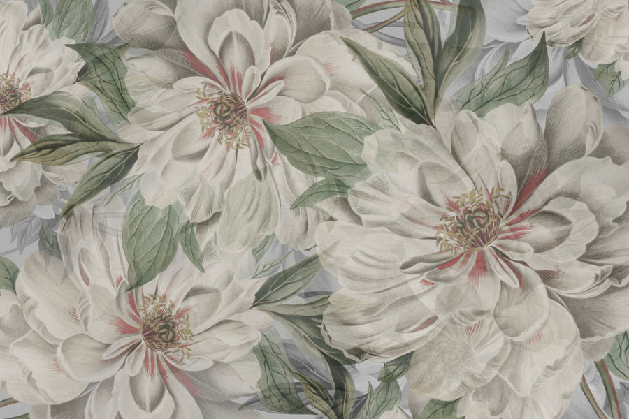 Peony Study - Pearl and Green Mural Wallpaper
