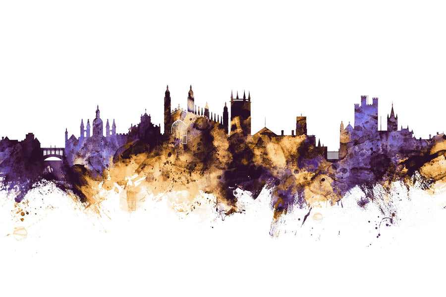 Cambridge England Skyline Purple & Gold Mural Wallpaper