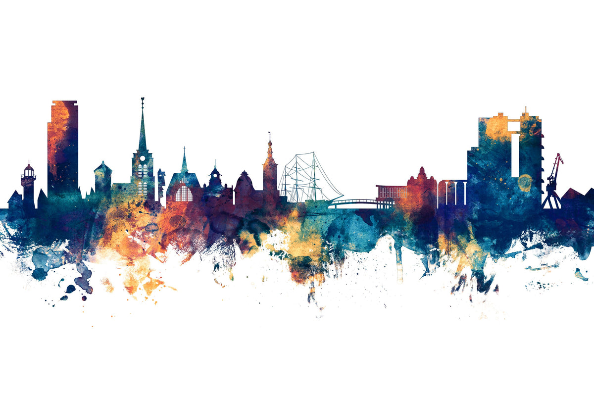 Halmstad Sweden Skyline Blue & Bronze Mural Wallpaper - pure wallpaper artwork