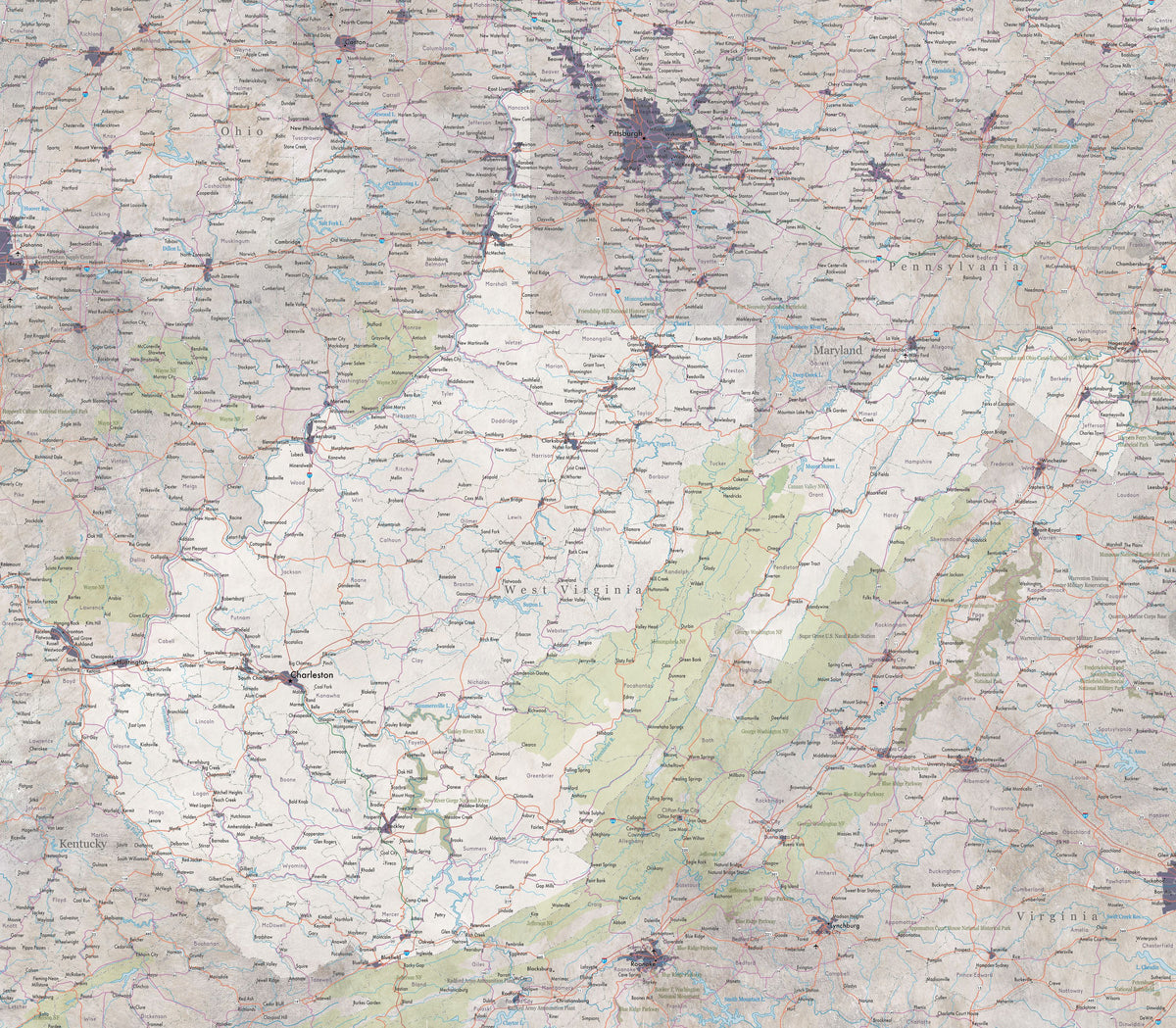 West Virginia Detailed Map Mural Wallpaper - pure wallpaper artwork