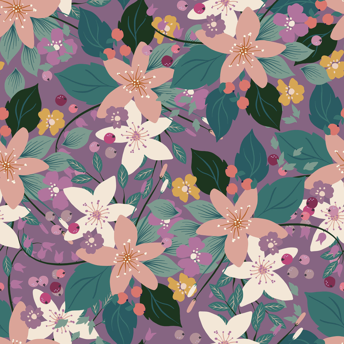 Purple Flowers and Berries Mural Wallpaper - pure wallpaper artwork