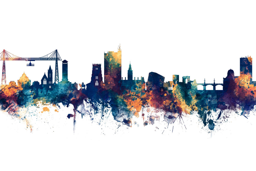 Newport Wales Skyline Blue & Bronze Mural Wallpaper