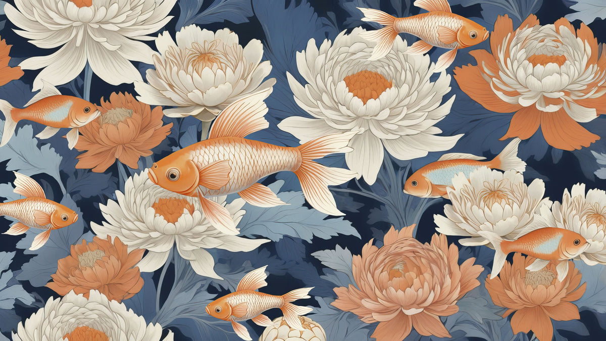Dancing Fish, Orange on Blue Mural Wallpaper - pure wallpaper artwork