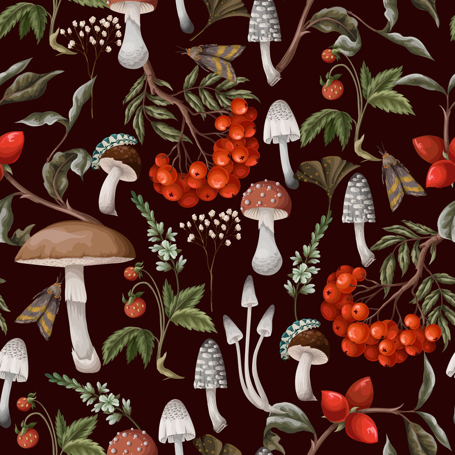 Forest Finds with Berries, Midnight Mural Wallpaper