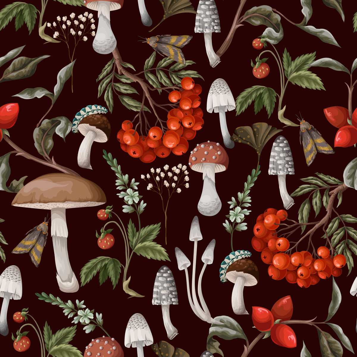 Forest Finds with Berries, Midnight Mural Wallpaper - pure wallpaper artwork