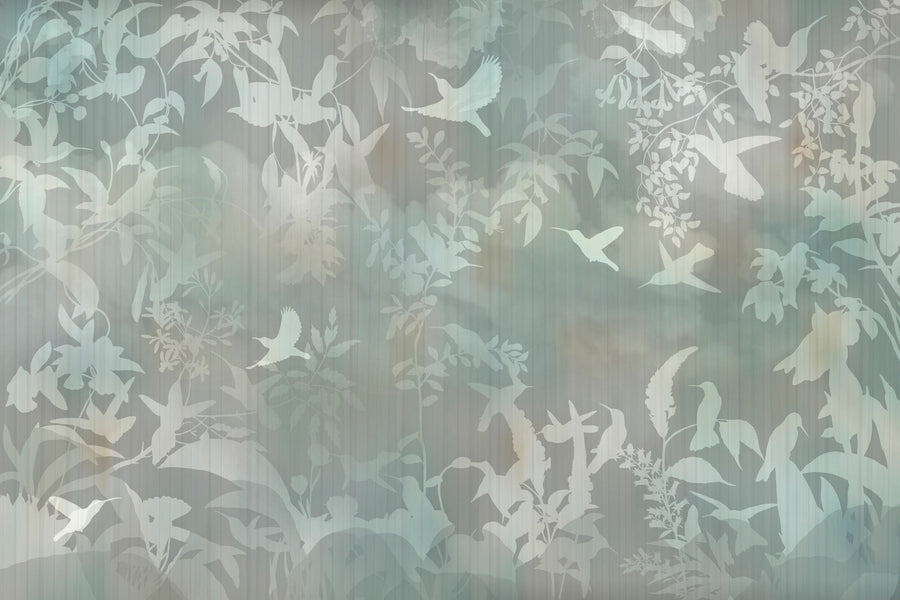 Birds in the Fog Green Mural Wallpaper