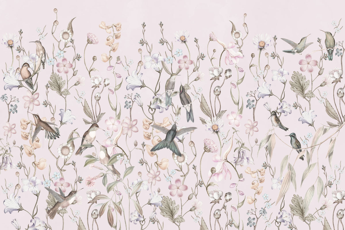 Bird Garden Light Pink Mural Wallpaper - pure wallpaper artwork