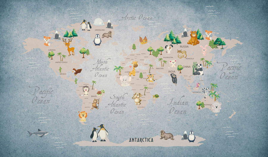 Cute Animals World Map Mural Wallpaper