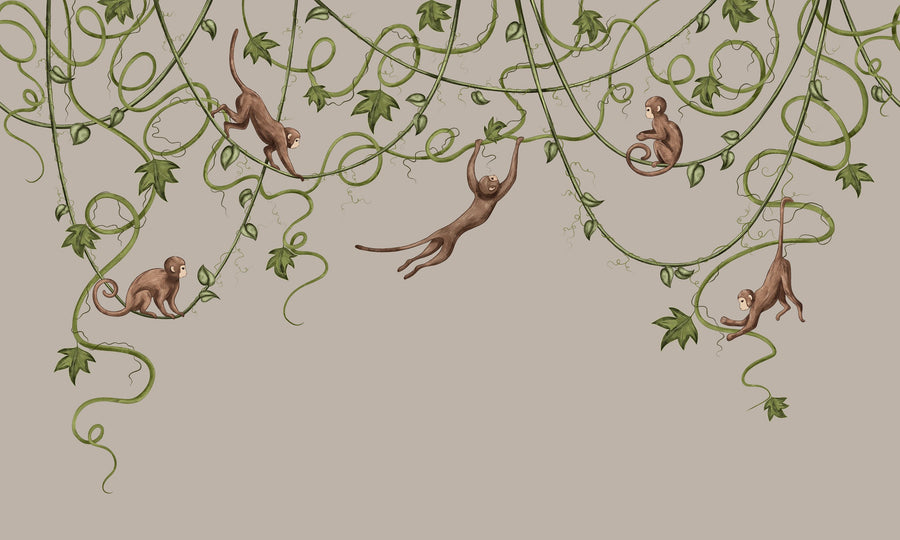 Monkey Jump, Greige Mural Wallpaper