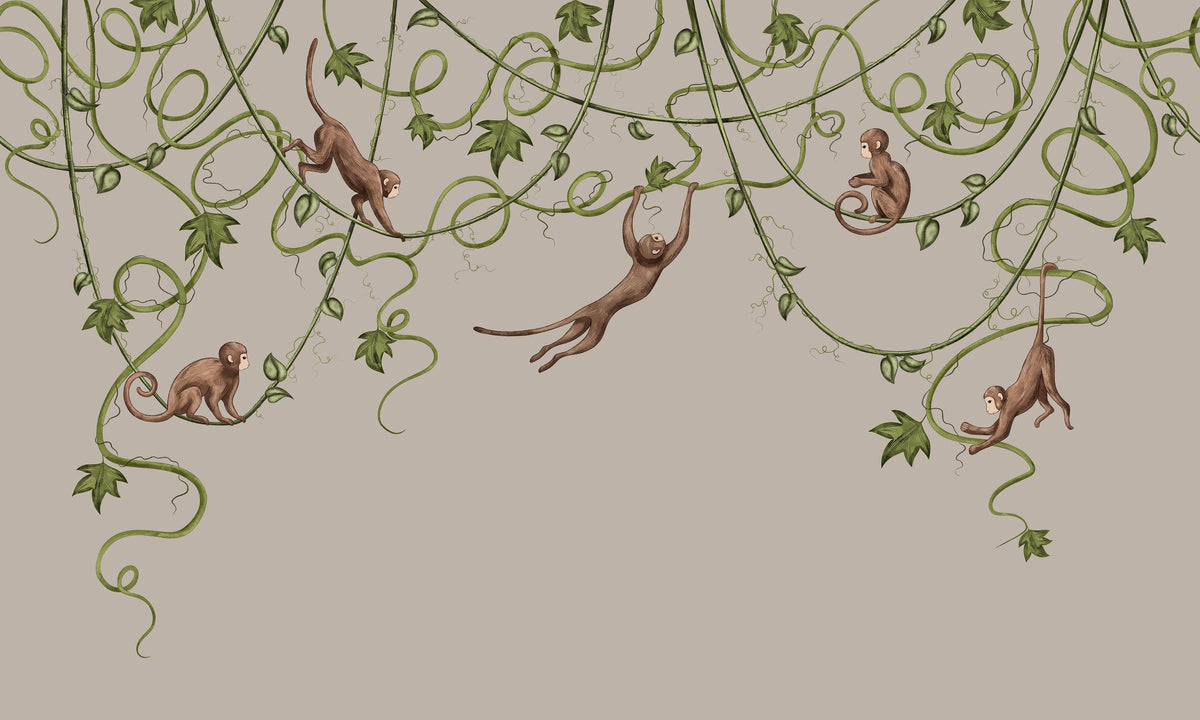 Monkey Jump, Greige Mural Wallpaper - pure wallpaper artwork