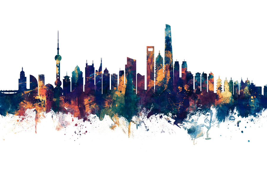 Shanghai China Skyline Blue & Bronze Mural Wallpaper