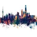 Shanghai China Skyline Blue & Bronze Mural Wallpaper - pure wallpaper artwork