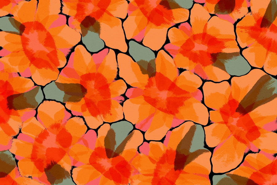 Orange Big Flowers Mural Wallpaper