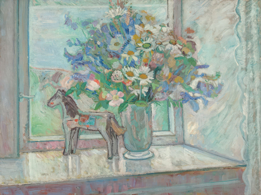 Flowers and Horse Figure by Window Mural Wallpaper