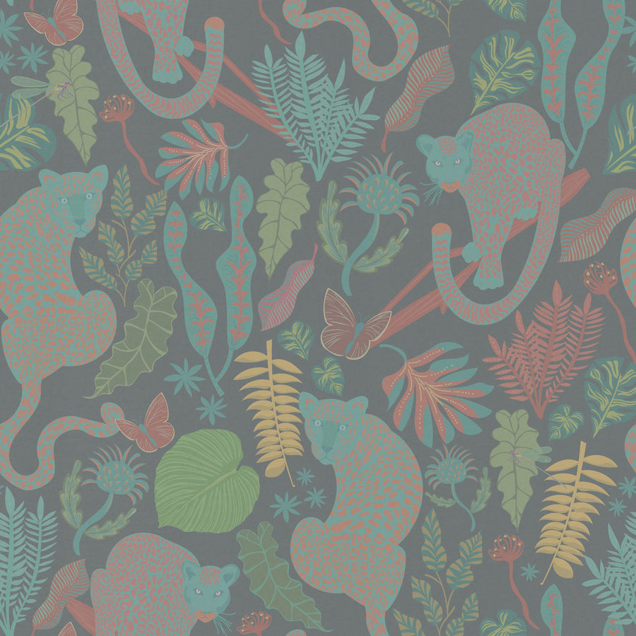 Jungle Leopards Washed Green Mural Wallpaper