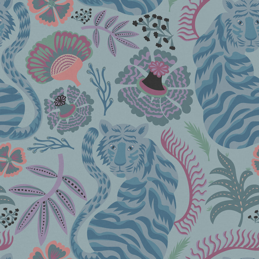 Painterly Tigers Light Blue Mural Wallpaper