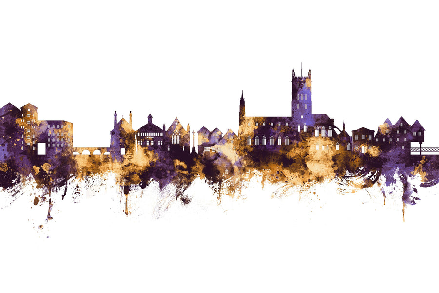 Tewkesbury England Skyline Purple & Gold Mural Wallpaper