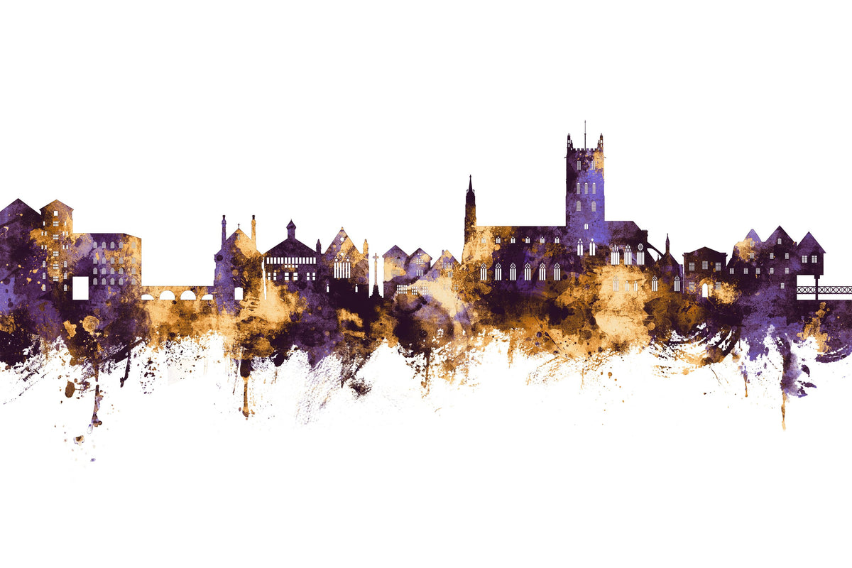 Tewkesbury England Skyline Purple & Gold Mural Wallpaper - pure wallpaper artwork