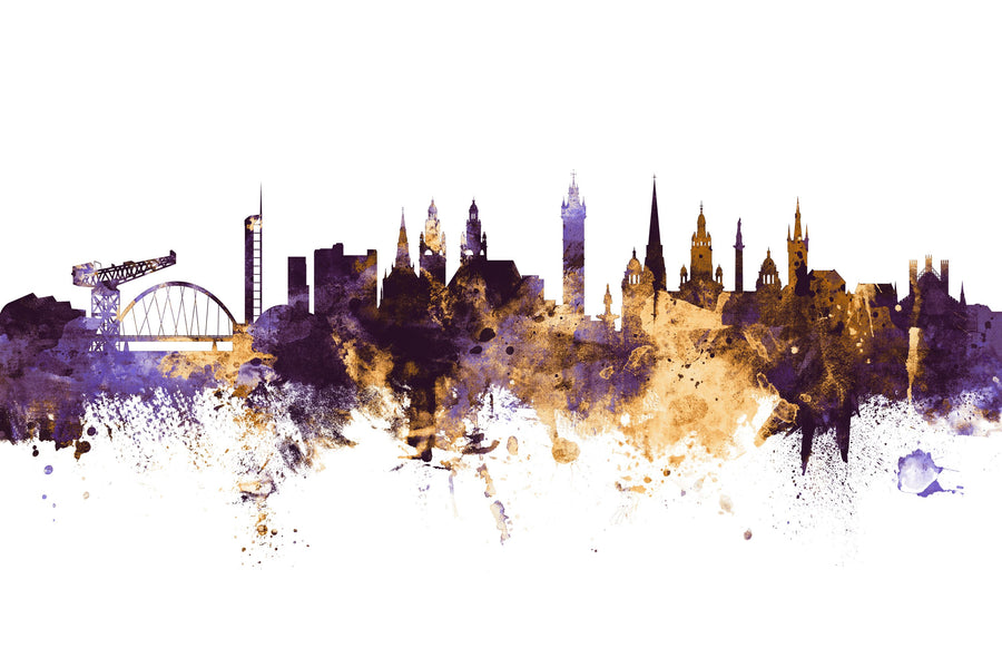 Glasgow Scotland Skyline Purple & Gold Mural Wallpaper