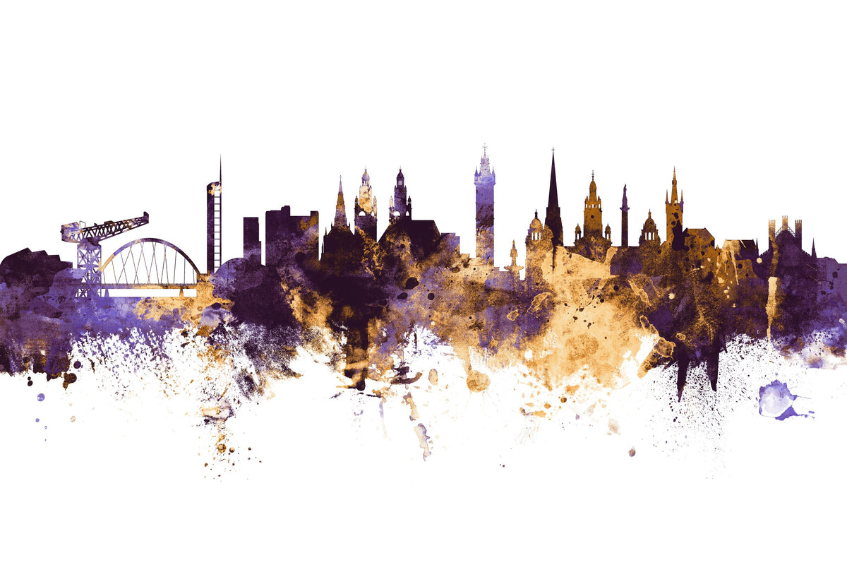 Glasgow Scotland Skyline Purple & Gold Mural Wallpaper - pure wallpaper artwork
