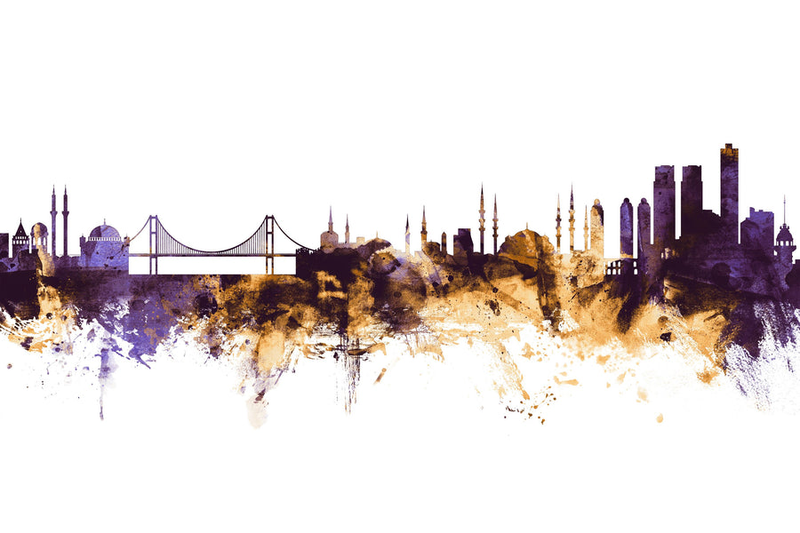 Istanbul Turkey Skyline Purple & Gold Mural Wallpaper