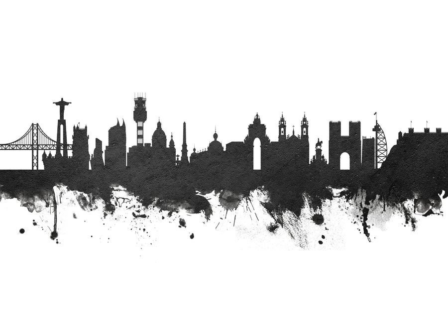 Lisbon Portugal Skyline Black & White Mural Wallpaper