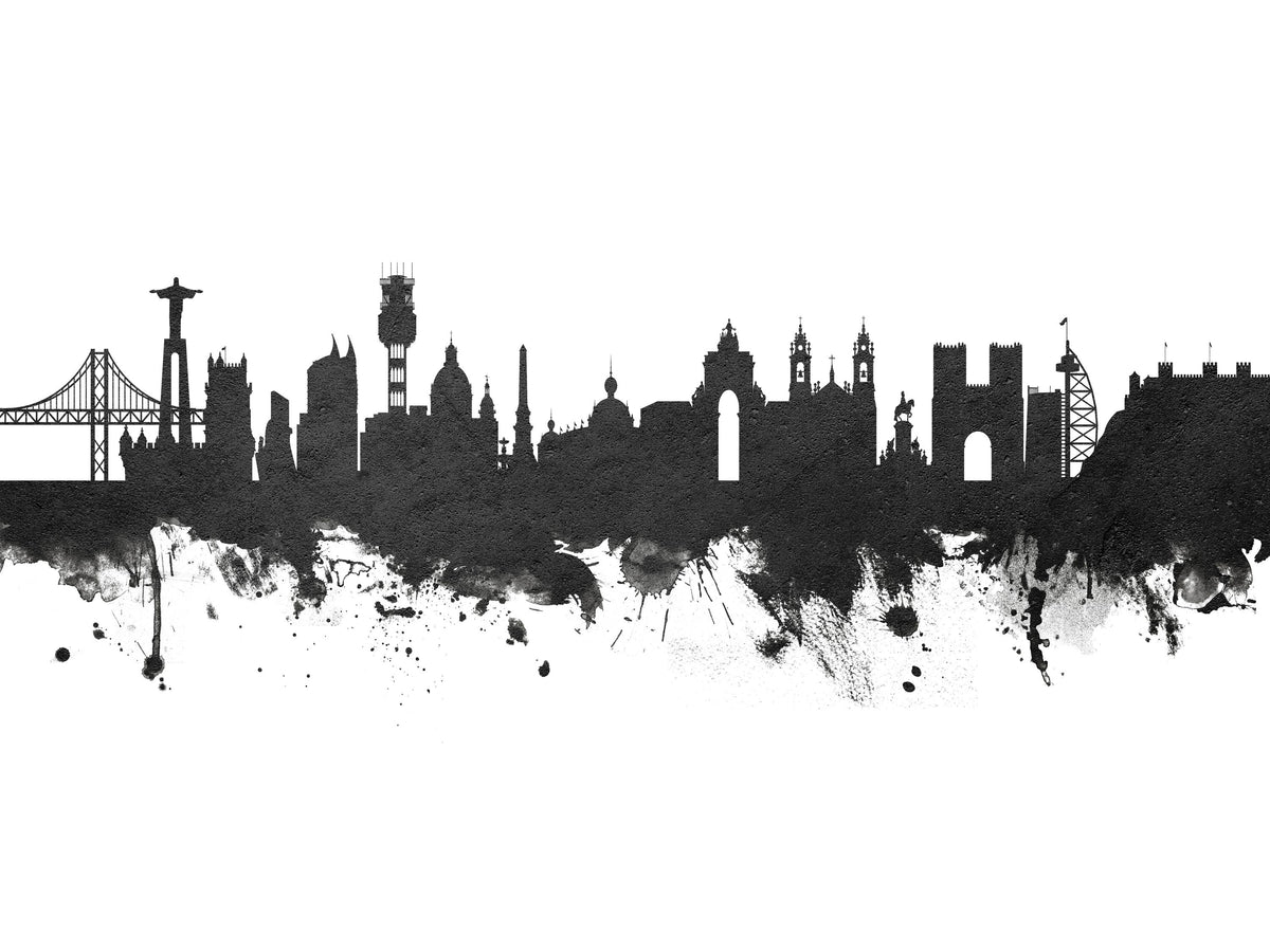Lisbon Portugal Skyline Black & White Mural Wallpaper - pure wallpaper artwork