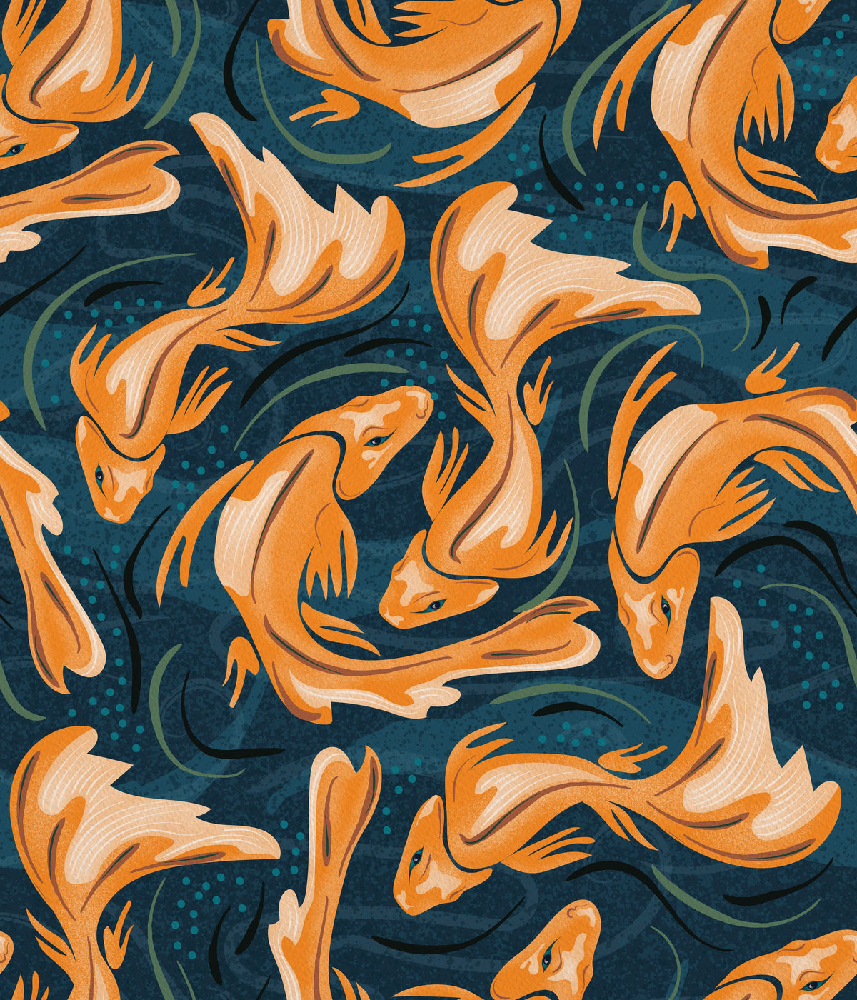 Koi Fish, Ocean Blue Mural Wallpaper - Red Tone - pure wallpaper artwork