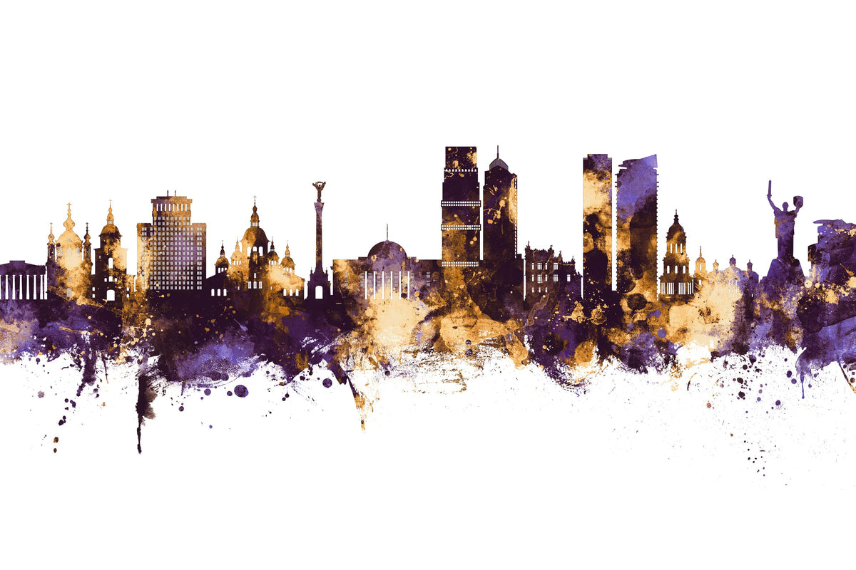 Kyiv Ukraine Skyline Purple & Gold Mural Wallpaper - pure wallpaper artwork