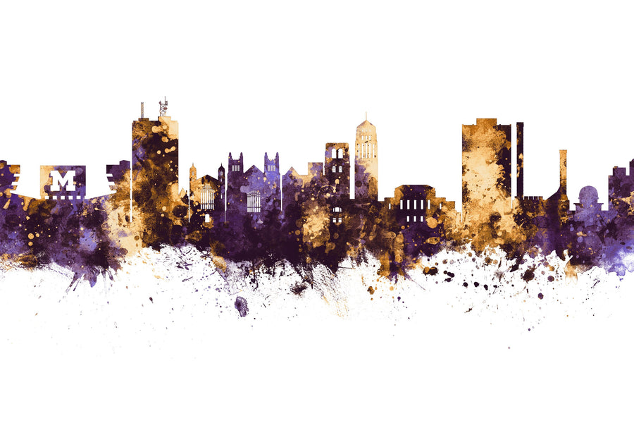 Ann Arbor Michigan Skyline Purple & Gold Mural Wallpaper