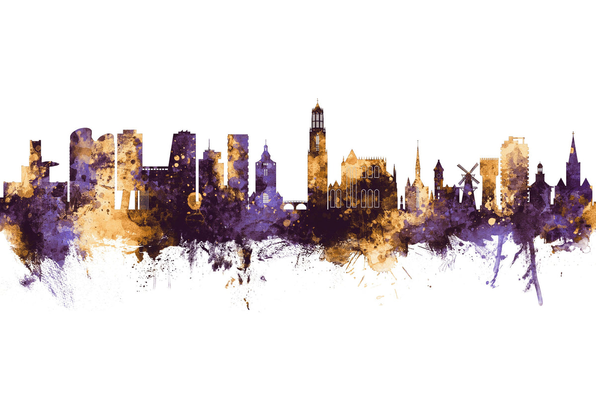 Utrecht the Netherlands Skyline Purple & Gold Mural Wallpaper - pure wallpaper artwork