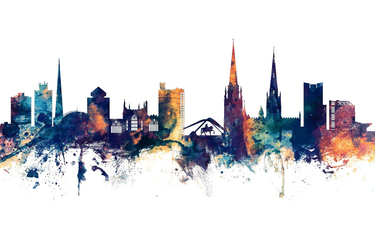 Coventry England Skyline Blue & Bronze Mural Wallpaper - pure wallpaper artwork