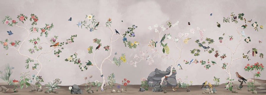 Birds in the Garden Gray Mural Wallpaper