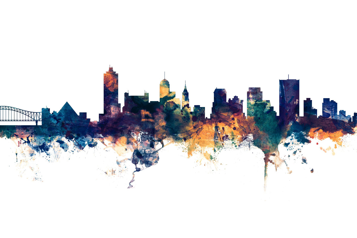 Memphis Tennessee Skyline Blue & Bronze Mural Wallpaper - pure wallpaper artwork