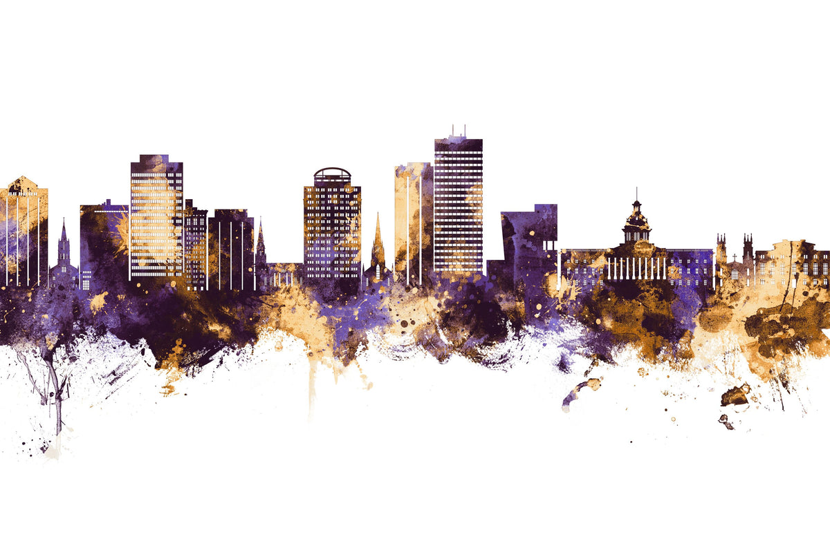 Columbia South Carolina Skyline Purple & Gold Mural Wallpaper - pure wallpaper artwork