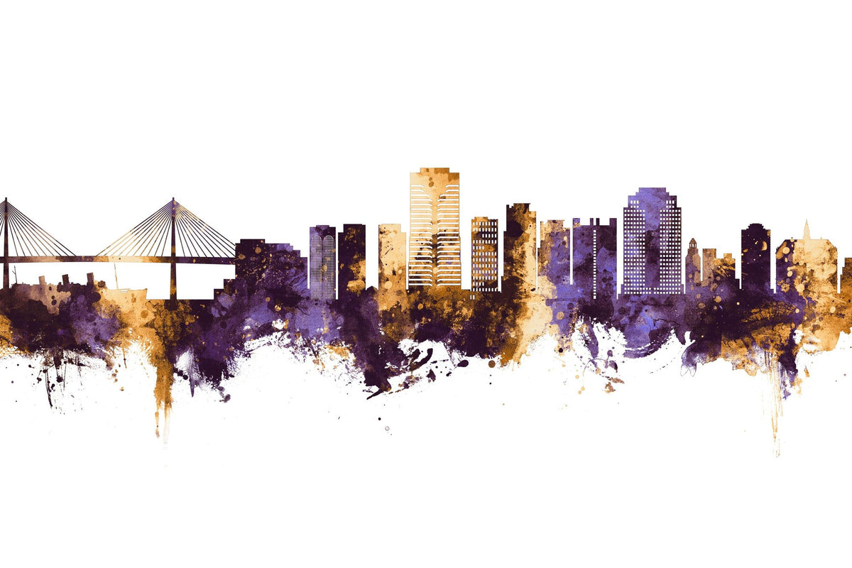 Long Beach California Skyline Purple & Gold Mural Wallpaper - pure wallpaper artwork