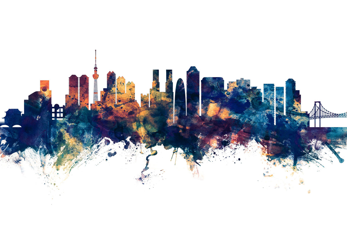 Tokyo Japan Skyline Blue & Bronze Mural Wallpaper - pure wallpaper artwork