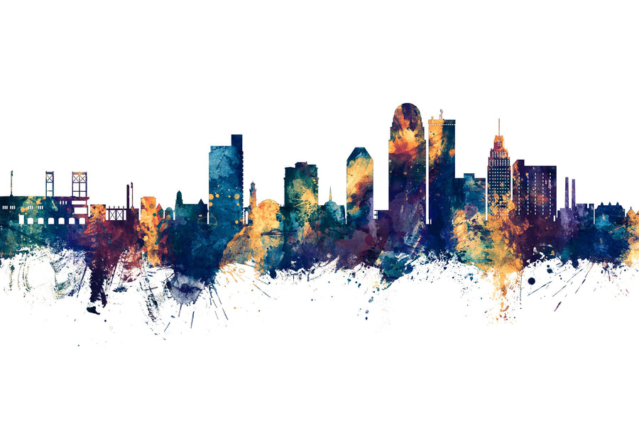 Winston-Salem North Carolina Skyline Blue & Bronze Mural Wallpaper