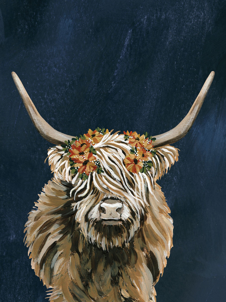 Harvest Cow Floral Texture Dark Mural Wallpaper