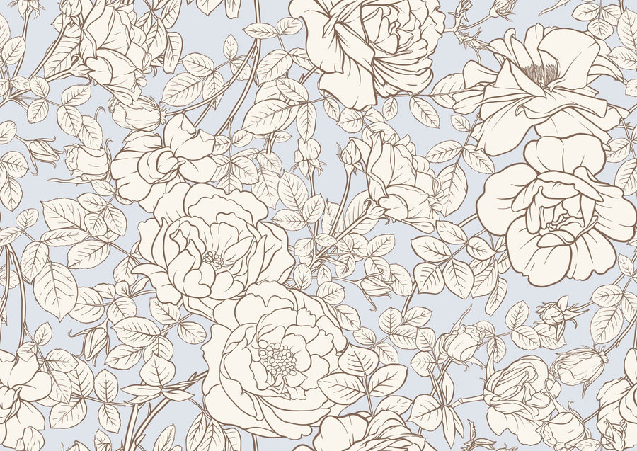 Vintage Rose Blueprint Mural Wallpaper